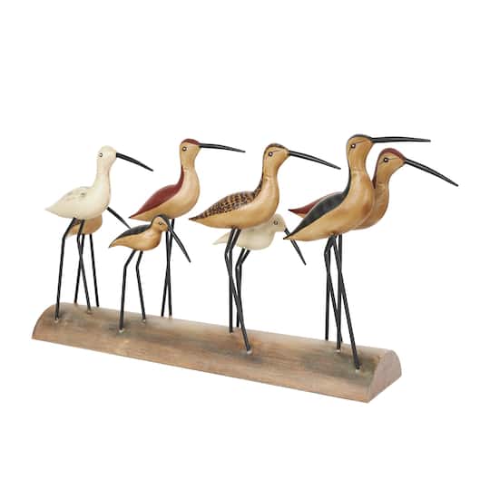 37" Brown Wood Bird Sculpture with Red Accents and Log Base